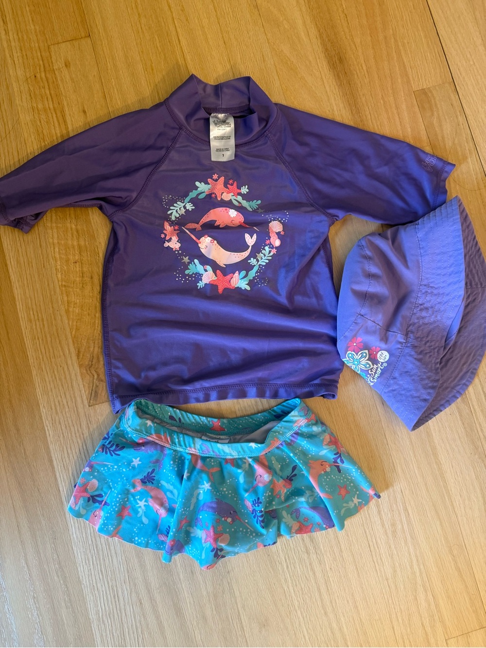 Kids' Purple Rash Guard Swim Set with Sea Life Skirt and Hat